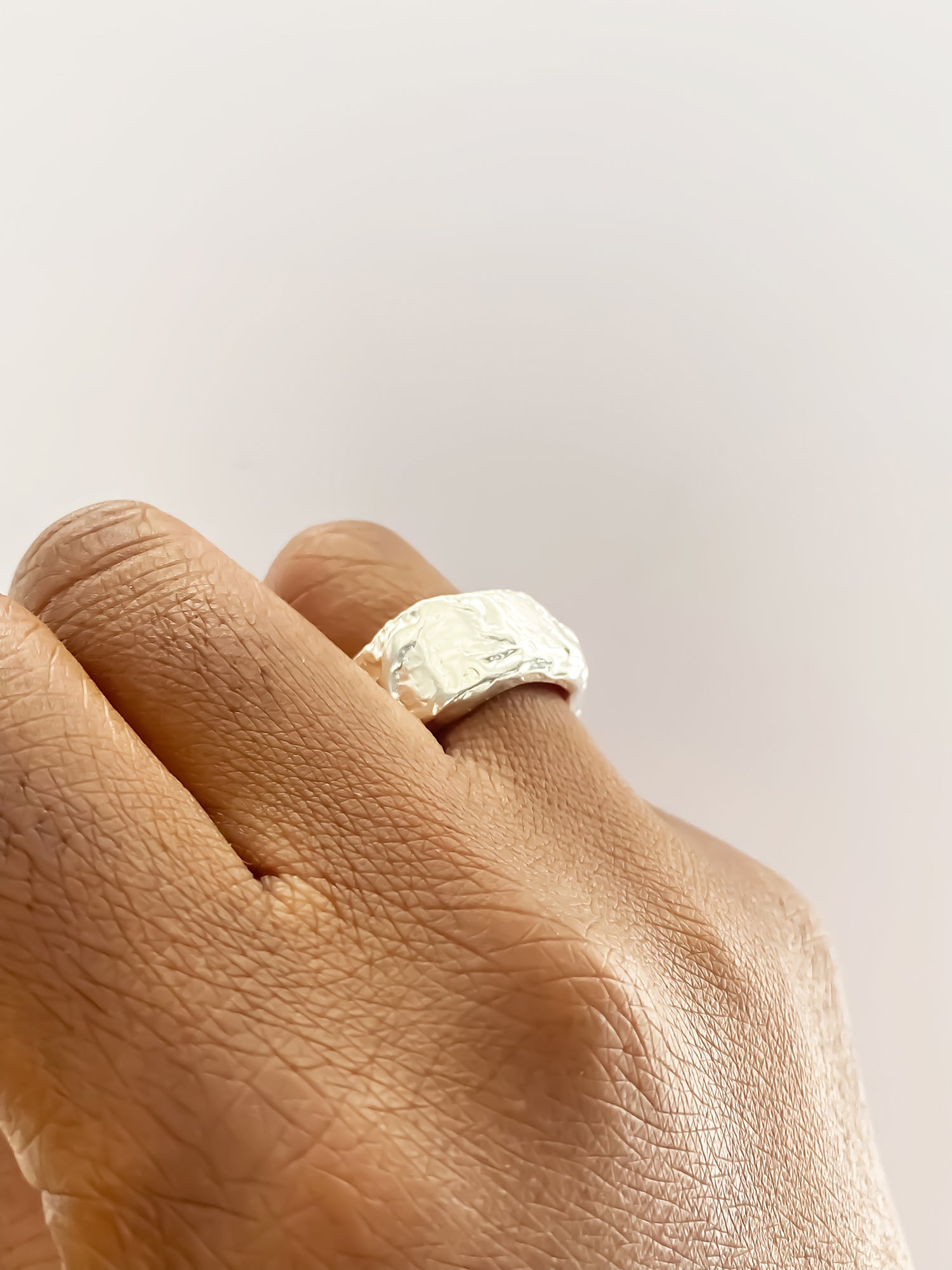 Tessy's Ring textured thick band in gold or silver with free ship option from Moca Jewellery