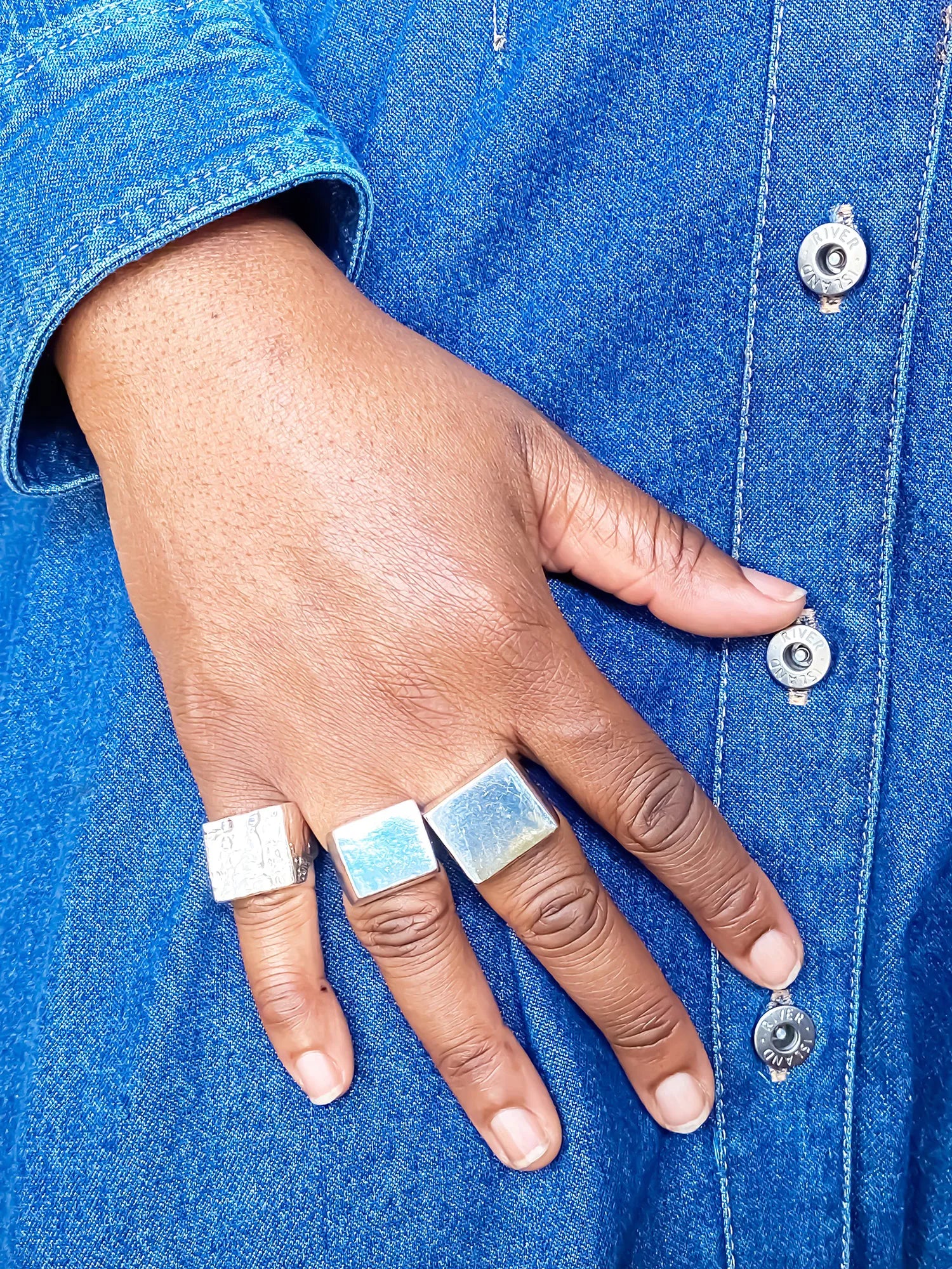 Textured Signet Ring artisan crafted ring in Sterling silver, clean lines, lifestyle shot