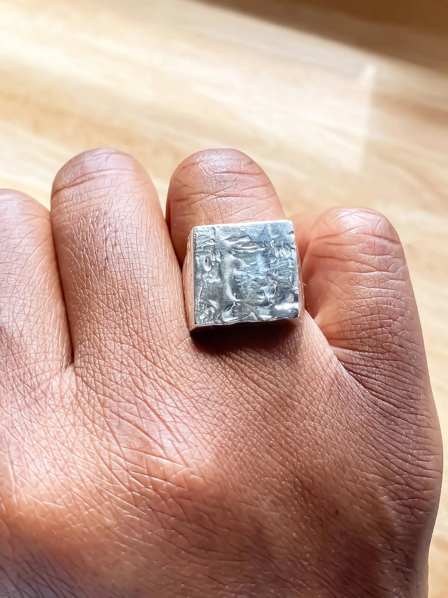 Handcrafted Textured Signet Ring in Sterling silver, artisan jewelry, geometric design, detailed view