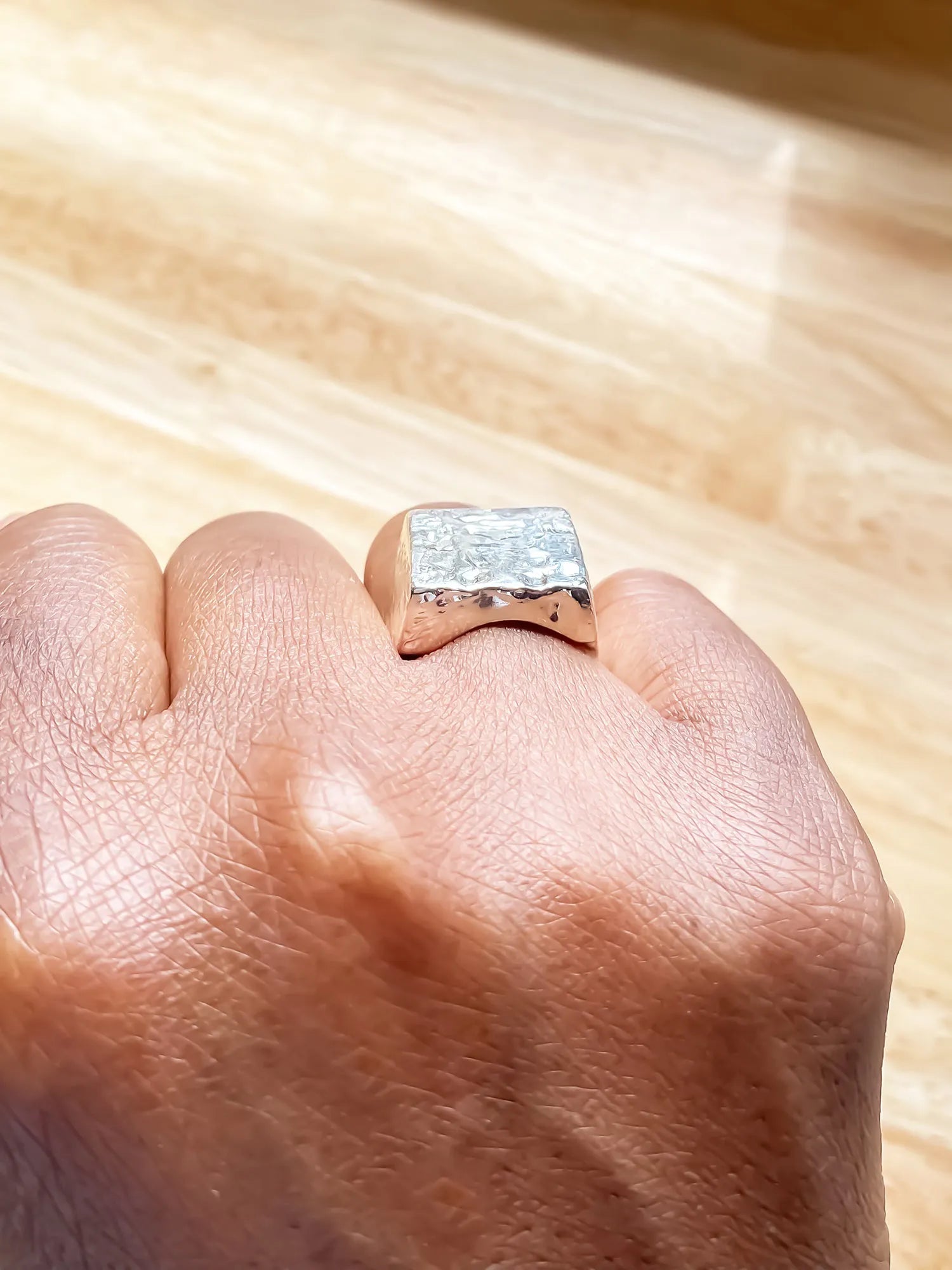 Textured Signet Ring luxury artisan ring in Sterling silver, elegant finish, styled view