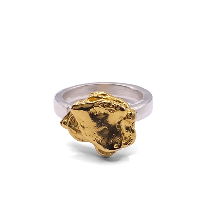 Textured flower ring in gold and silver from MOCA Jewellery, handmade statement jewellery with free UK shipping