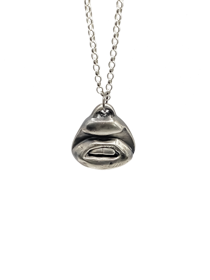 Two Teeth Pendant in frontal drop view - smile mouth lips charming oxidised organic texture gold or silver free shipping