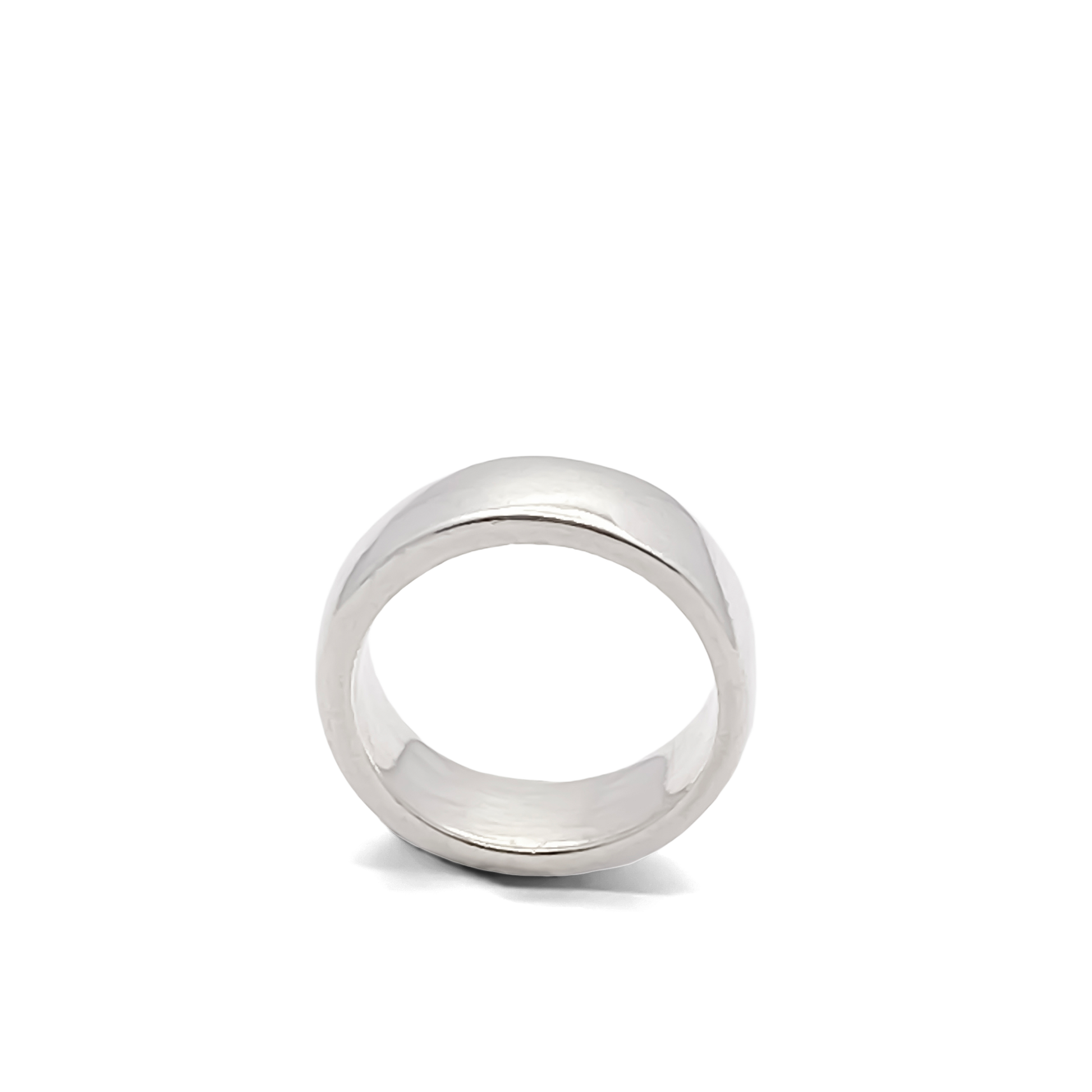 Studio view of Wide Band Ring lying flat - unisex, subtle wedding band bold gold or silver free shipping